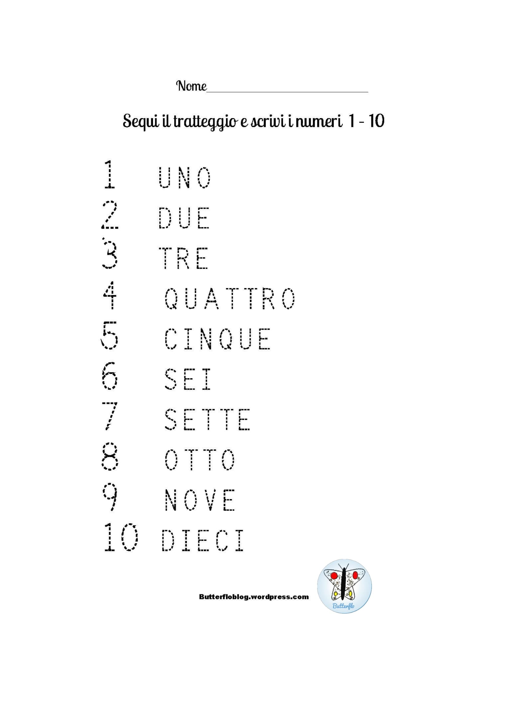 Segui il Tratteggio e Scrivi i Numeri 1-10 - Butterflo Kids